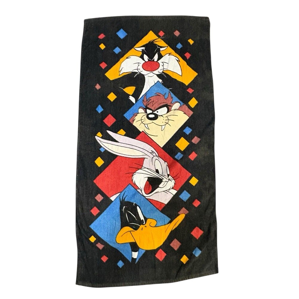 Looney Tunes Beach Towel Black Bugs Taz Daffy 57”x29” VTG 90s